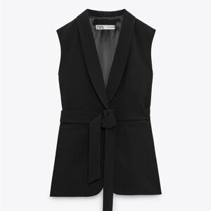 Zara Black Longline Sleeveless Blazer Vest Belted Tuxedo Style Size L